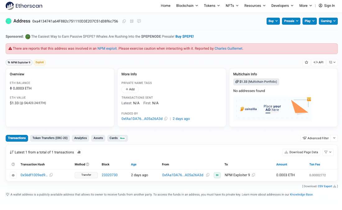 Etherscan NPM Hack